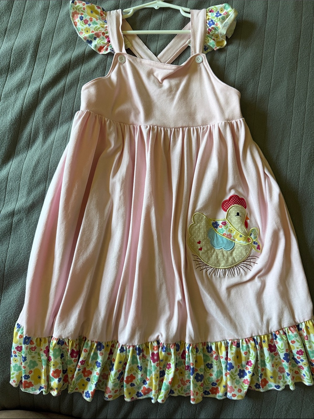 Girls' Pink Sleeveless Floral-Trim Casual Dress with Chicken Applique